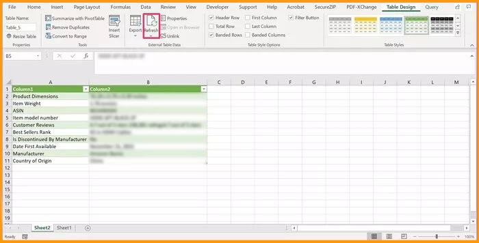 تحديث بيانات جداول الويب على Excel