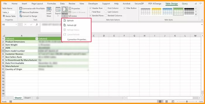 تحديث بيانات جداول الويب على Excel